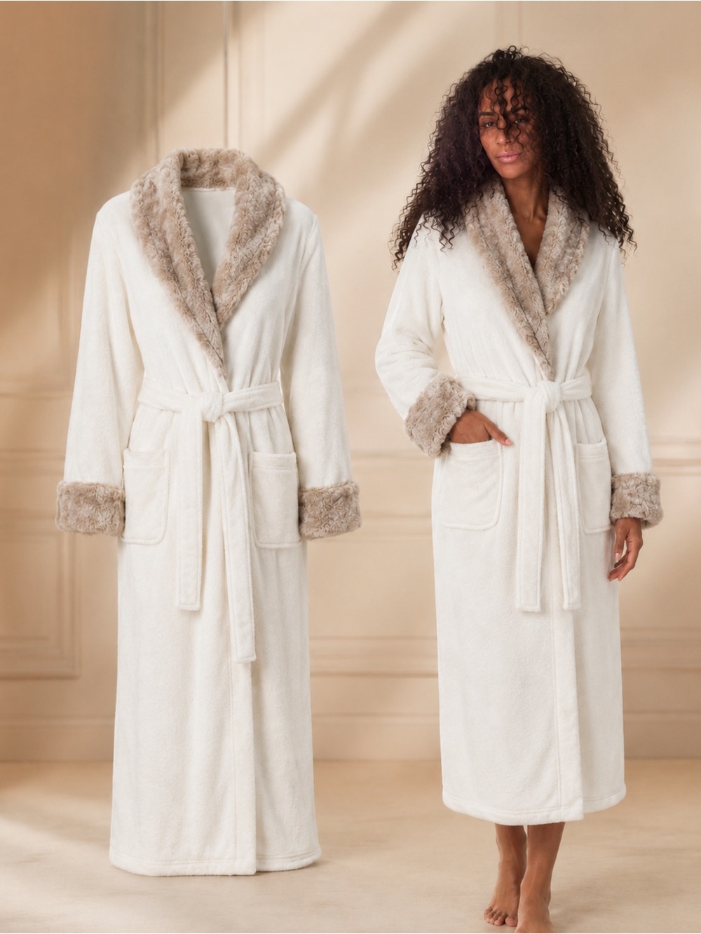 Carole Hochman | Ivory Plush Robe | Faux Fur Trim | Cozy Wrap Belted | Small